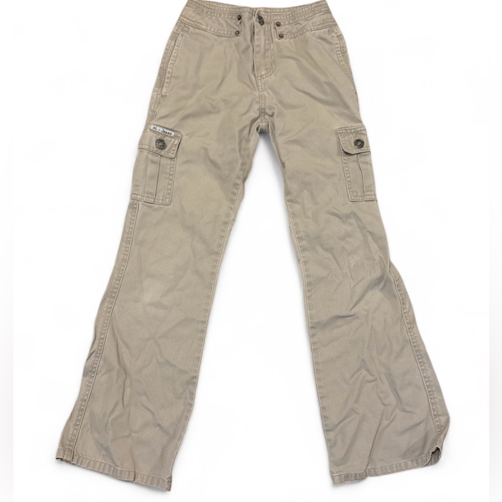 Vintage Girls Cargo Pants Size 7 Khaki Wide Leg Flare Y2K Hong Kong Cotton